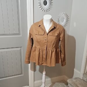 Womens Tan Peplum Utility Jacket with Button Front